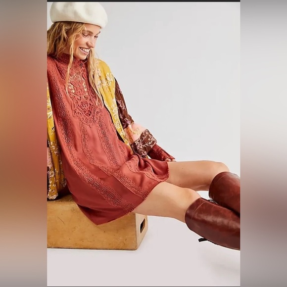 Free People burnt orange Vienna smocked sleeves crochet lace boho Mini Dress - Picture 3 of 9